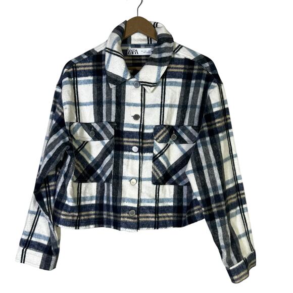 Zara Plaid Cropped Flannel Shirt Jacket Womens L White Blue Western Heritage - Picture 2 of 7